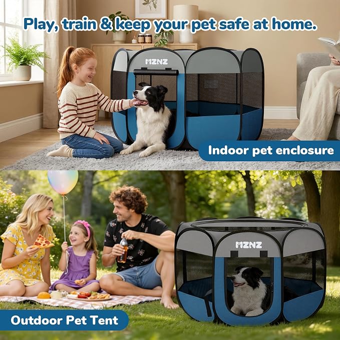 Dog Playpen, Portable Puppy Pet Crate Indoors for Small/Medium/Large Dogs Cats Rabbits, Foldable Dog Cage Enclosure for Outdoor, Pop Up Dogs Tent Kennel with Carrying Case, Grey Blue