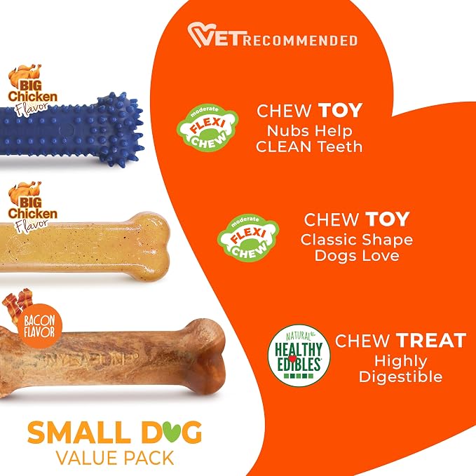 Nylabone Flexi Chew Small Dog Value Pack Dog Toys with Chew Treat, 3 Count | Chicken flavor dog toys, bacon chew treat, for small dogs up to 25 lbs, flexible material, gentle on teeth, great for seniors