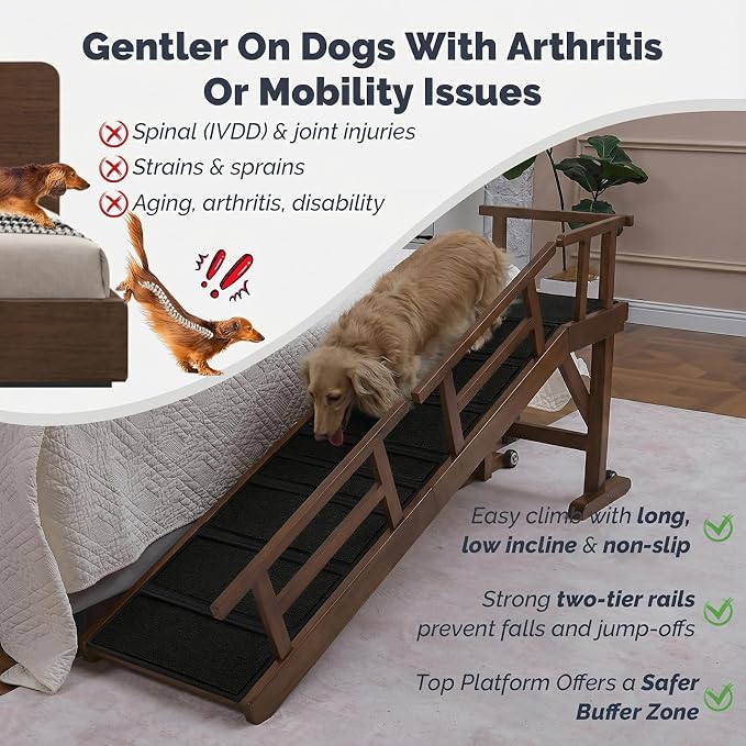 Dog Ramp for Bed or Couch, Wooden Pet Ramp with 20° Gentle Slope, Removable Side Rails, Non-Slip Surface, Top Platform & Wheels, Safe Bed Ramp for Small, Large & Senior Dogs, 60" Long, Walnut