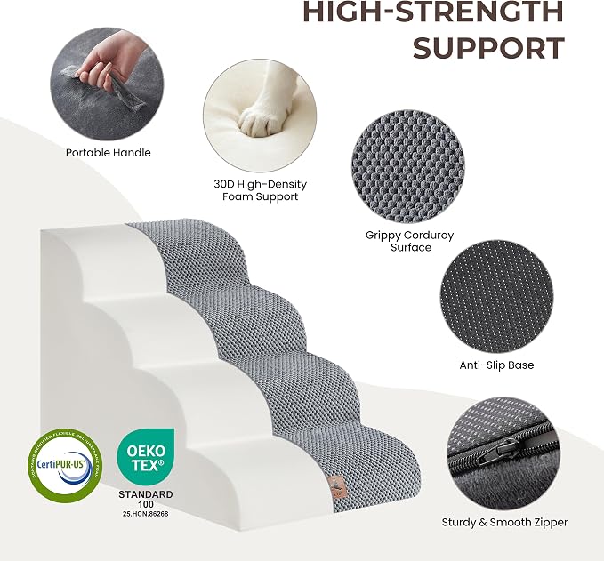 Dog Stairs for High Bed 18" H, 4-Step Dog Steps for Small Dogs and Cats, Pet Steps Ramp for Couch Sofa, Non-Slip Stable Indoor Pet Ladder with High Density Foam, Grey