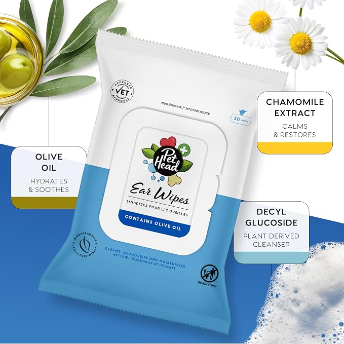 Pet Head Health Ear Wipes for Cats and Dogs | Fragrance-Free | Cleans, Deodorizes and Moisturizes | Removes Dirt, Wax, Discharge, and Debris | Biodegradable and Plant-Based Dog Ear Cleaner | 30 Wipes