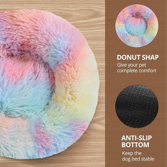 JOLLYVOGUE 23" Calming Donut Dog & Cat Bed, Rainbow