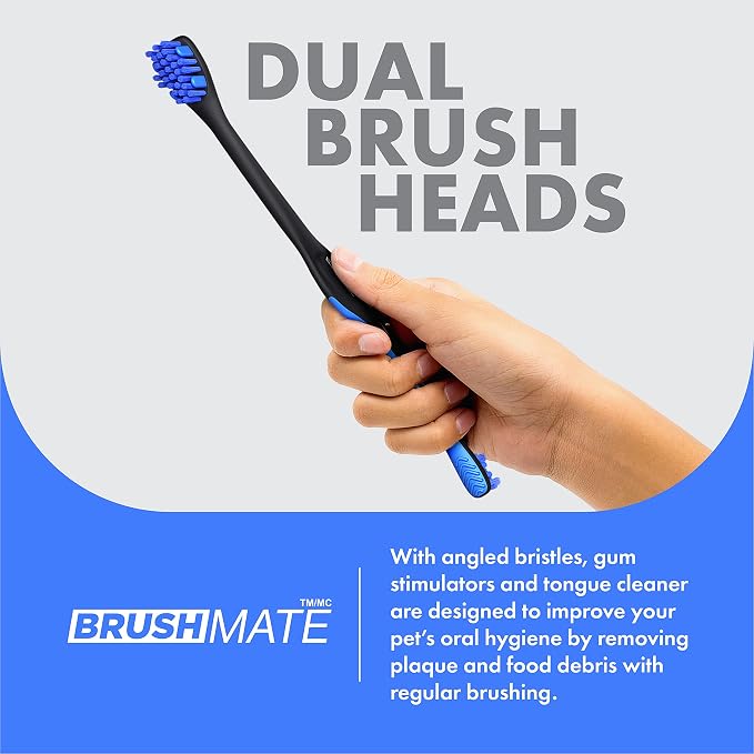 Brushmate Dual-Size Angled Soft Brush Heads Toothbrush for Pet Puppies, Dogs, and Cats - Ergonomic Handle, Long Neck, Special Rubber Stimulators - Dental Care Tool for Healthy Oral Hygiene