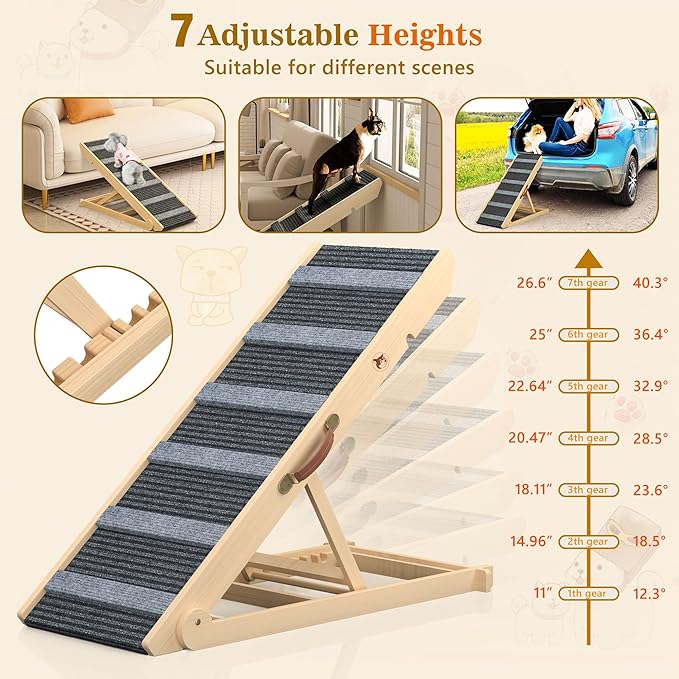 REONEY 𝟮𝟬𝟮𝟲 𝐔𝐩𝐠𝐫𝐚𝐝𝐞𝐝 Dog Ramp, Portable Pet Ramp for Large Small Old Dogs Cats with 7 Adjustable Heights 11" to 26.6", Non-Slip High Traction Ramps for High Bed, Couch, Hold up to 200 LBS