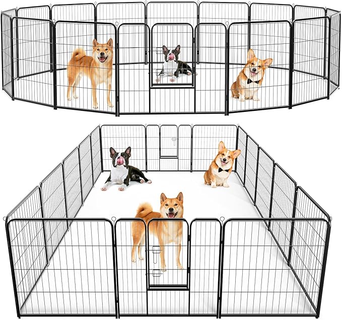 DUMOS Dog Playpen Indoor/Outdoor, Metal, 32in, 16 Panels, Foldable with Door