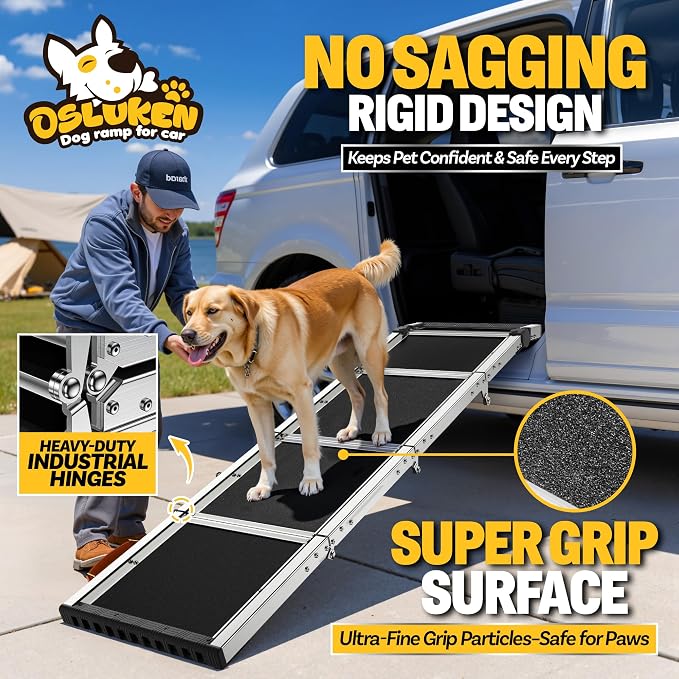 71" Aluminum Alloy Dog Ramp for Car SUV Truck Side Door, Foldable Outdoor Pet Ramp with Heavy Duty Steel Hinges, Non-Slip Traction Surface, Sturdy Ramp for Large Dogs Up to 200 LBS (5 Folded)