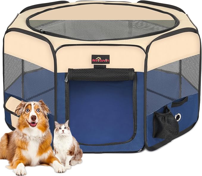 Aivituvin Dog Playpen, Foldable Waterproof, Blue, XL