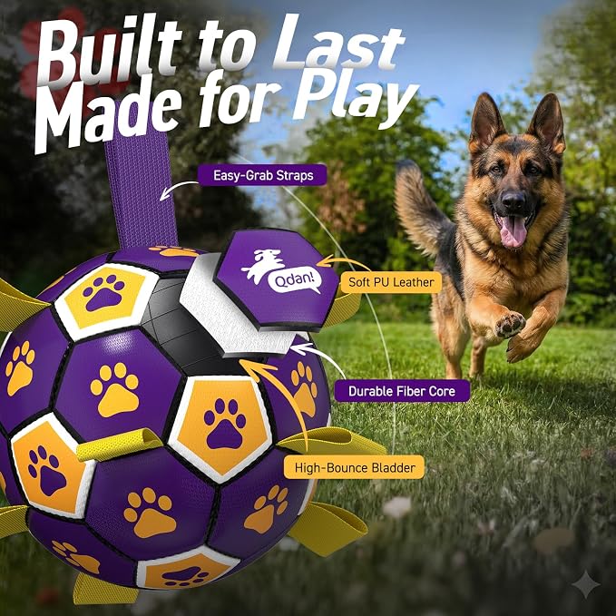 QDAN Extra Large Dog Toy Soccer Ball, Durable Dog Balls with Straps, 9 Inch | Herding Ball for Dogs Large, Interactive Dog Toys for Tug of War, Outside Water Toy, Training Soccer Balls >90 lbs Dogs