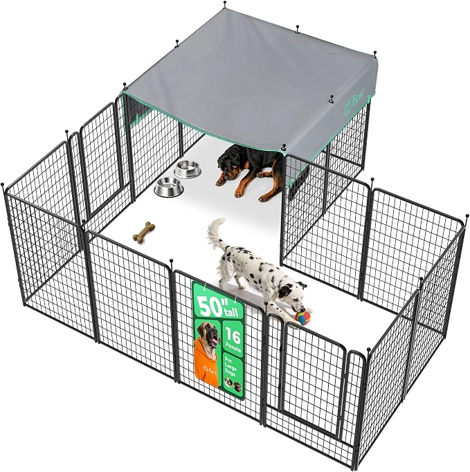 FXW Rollick Unleashed Dog Playpen, 50in, 16 Panels with Sun Shade, Large, Black