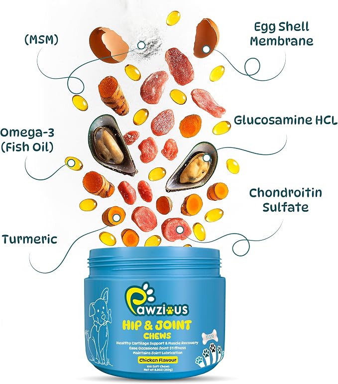 Dog Hip and Joint Supplements, Glucosamine Chondroitin & Green Lipped + Omega-3 & Turmeric + MSM, Treats Improve Joint Function & Mobility in All Ages (Chicken Flavour 100 Chews)