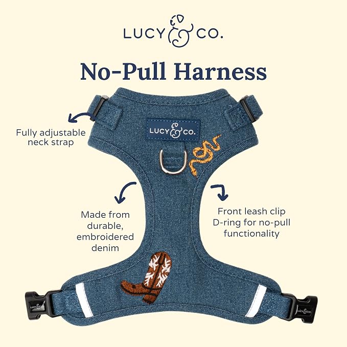 Lucy & Co. The Giddy Up No-Pull Dog Harness for Dogs – Vest to Stop Pulling & Walk Easy – Comfortable Leash Training Product w/Adjustable Chest & Neck Straps - Blue Demin Cowboy - Large
