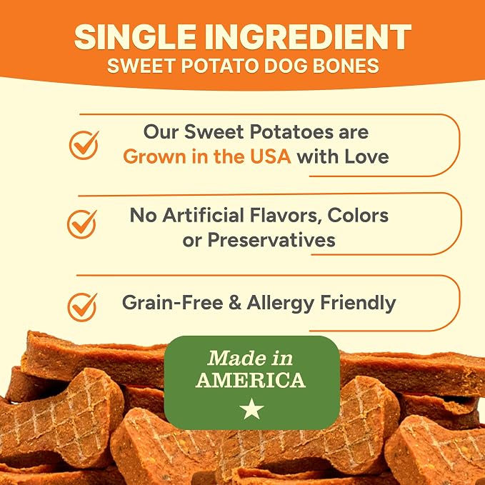 Gaines Family Farmstead Sweet Potato Dog Bones – 14 oz Bag, All-Natural, Single Ingredient, Grain-Free Dog Treats for Digestive Health, High Fiber - Training & Rewards, Made in USA