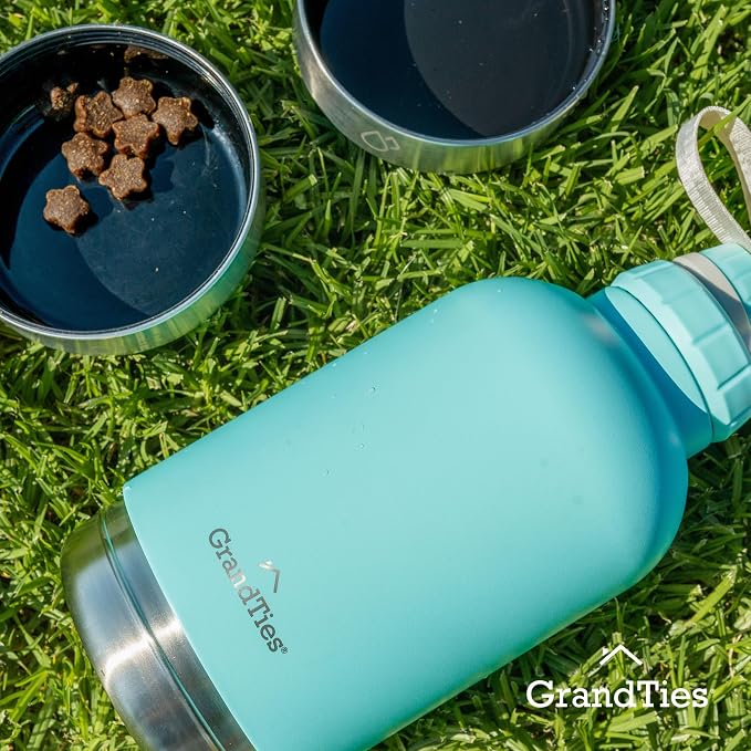 GrandTies Insulated Portable Dog Water Bottle with 2 Detachable Bowls, 32oz, Powder Green