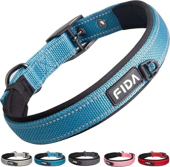 Fida Heavy Duty Dog Collar for Medium Dogs with Metal Belt Buckle, Blue | Soft Neoprene Padded for Extra Comfort, Thicker Nylon Webbing, Adjustable Fit, Reflective Stitching for Night Safety