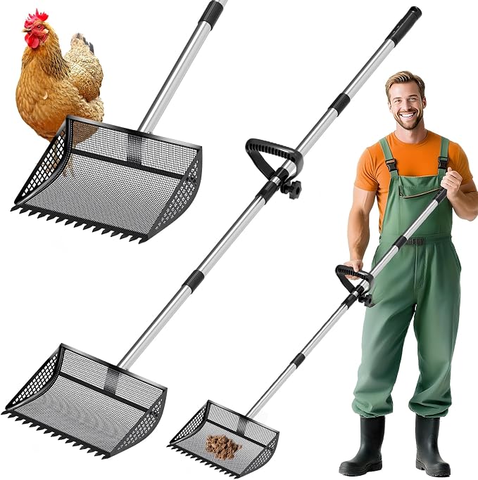 Chicken Poop Scooper Rake 2-in-1,304 Stainless Steel Shovel Head, Chicken Litter Scoop with Handle for Chicken Coop for Sand, Pet Waste Cleaning, Litter Sifting Shovel (35 to 65") (Black, 12inch)