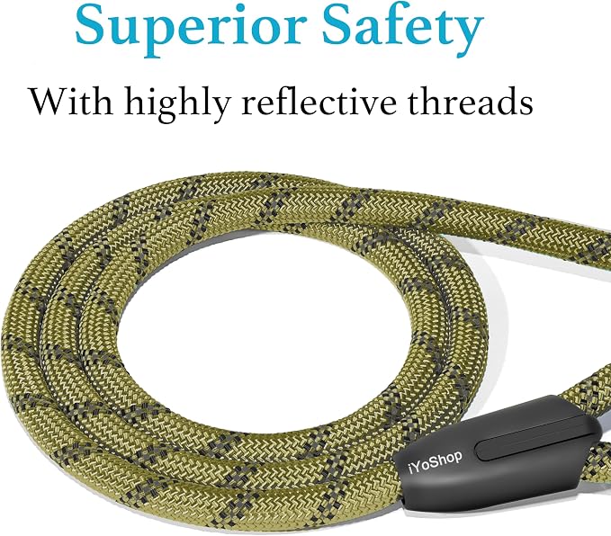 iYoShop Durable Slip Lead Dog Leash, 1/2" x 5 FT, Military Green | Padded Handle, Reflective Threads, No Pull, Dog Training Leash