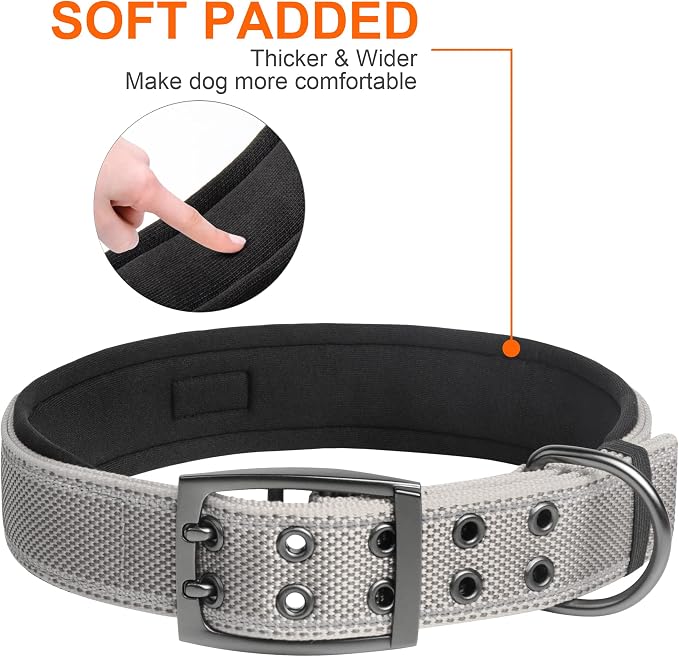 Fida Heavy Duty Dog Collar for Large Dogs with Metal Belt Buckle, Grey | 1.5" Width, Soft Neoprene Padded, Thicker Nylon Webbing, Adjustable Fit, Reflective Stitching for Night Safety