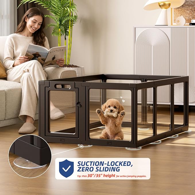 Clear Acrylic Dog Playpen Indoor, Puppy Cat Small Pet Play Pen, Pet Cat Playpen for Rabbits, Dog Fence Crate Kennel Whelping Cage (Black, 8 Panel)