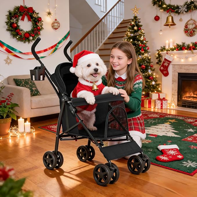 MoNiBloom 4-Wheel Foldable Pet Stroller - Black, up to 22lbs