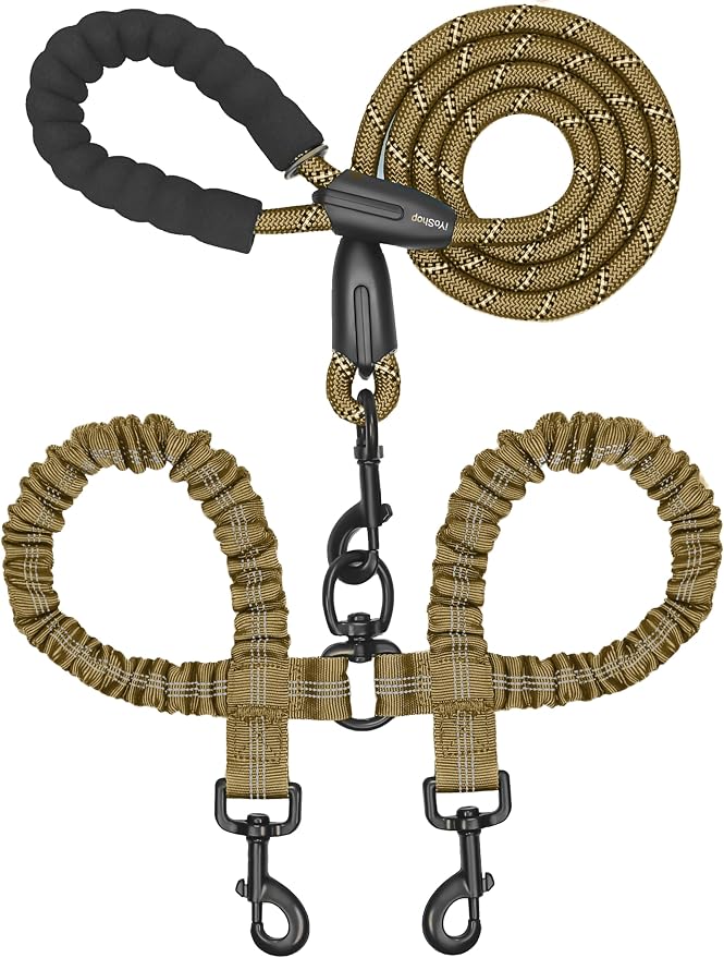 iYoShop Double Dog Leash, 360° Swivel, No Tangle, Large, 25-150 lbs, Khaki | Dual Leash for Two Dogs, Split Leash, Shock-Absorbing Bungee, Padded Handle, Heavy-Duty Rope