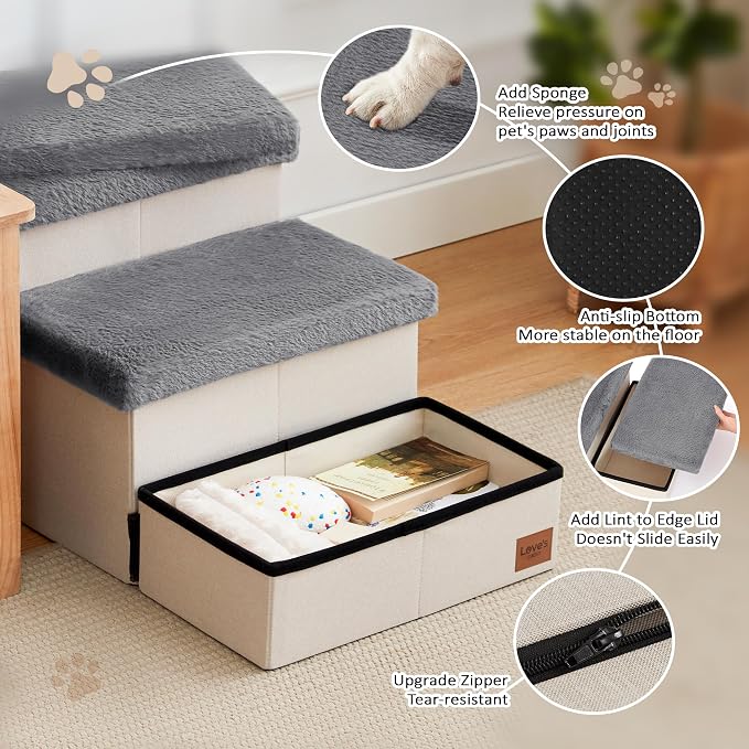 Love's cabin Dog Stairs for High Bed 18" H, 3 Steps with Furry Lids Pet Stairs for Small Medium Large Dogs, Foldable Cat Ramp with Zip up to 200 lbs, Grey