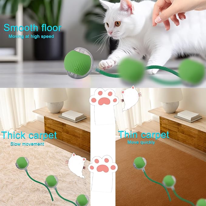 Interactive Cat Dog Toy Ball with LED Light, Automatic Rolling(Green) | String Tail and LED Light Design, Motion Activated, Suitable for Interactive Indoor Pet Play and Exercise
