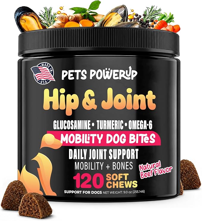 Hip & Joint Mobility Dog Vitamins and Supplements (120 Ct) Dog Bites Soft Chews Treats with Glucosamine Chondroitin MSM Turmeric Omega 6 Dog Joint Supplement for Small Medium Large Dogs