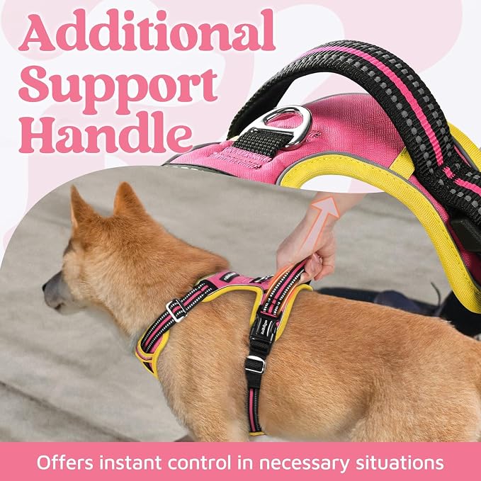 rabbitgoo Dog Harness Small Sized, No Pull 3 Buckles Easy On & Off | Soft Padded, Walking with Control Handle, Adjustable and Reflective, Pink & Yellow, Small