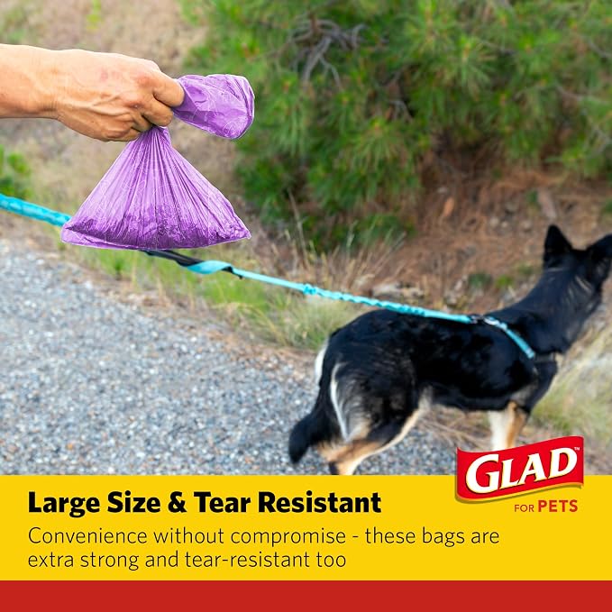 Glad for Pets Scented Dog Waste Bags, Tear-Resistant Pet Poop Pick-up Bags with Leak Protection, Fresh Lavender Scent, Fun Purple Bag Designs, 6 Rolls, 90 Bags Total