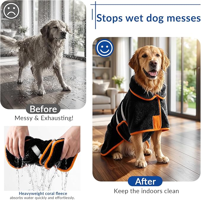Bienbee Dog Bathrobe, Quick Drying Super Absorbent Pet Robes for Small Medium Large Dogs, Drying Coat for After Bath & Swim, Warm & Cozy Dogs Towels, Dog Puppy Bath Supplies, Black XL