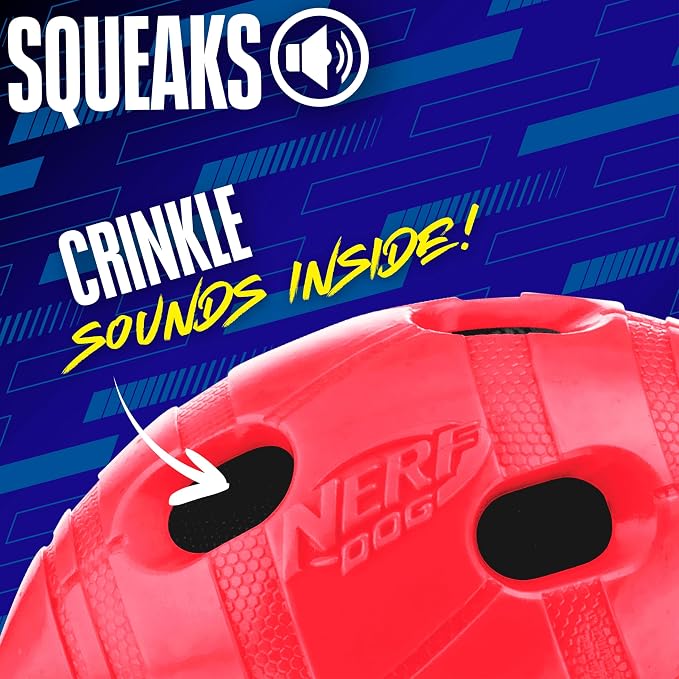 Nerf Dog Rubber Football Dog Toy with Interactive Squeaker and Crunch, Lightweight, Durable and Water Resistant, 6 Inch Diameter for Medium/Large Breeds, Single Unit, Red