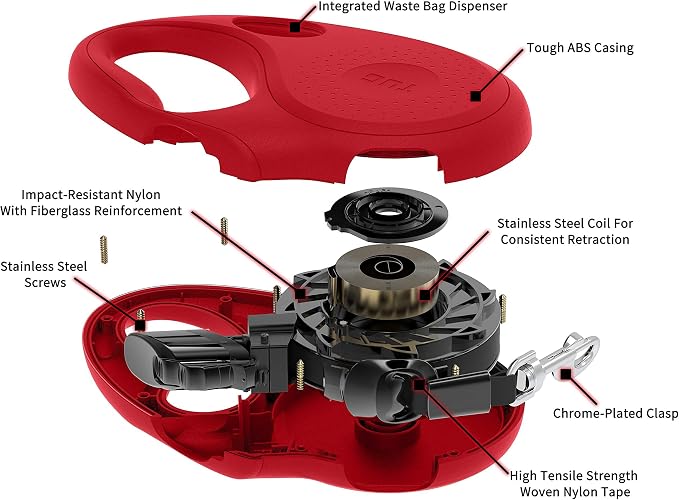 TUG Oval 360° Tangle-Free Retractable Dog Leash with Integrated Waste Bag Dispenser (Small, Red)