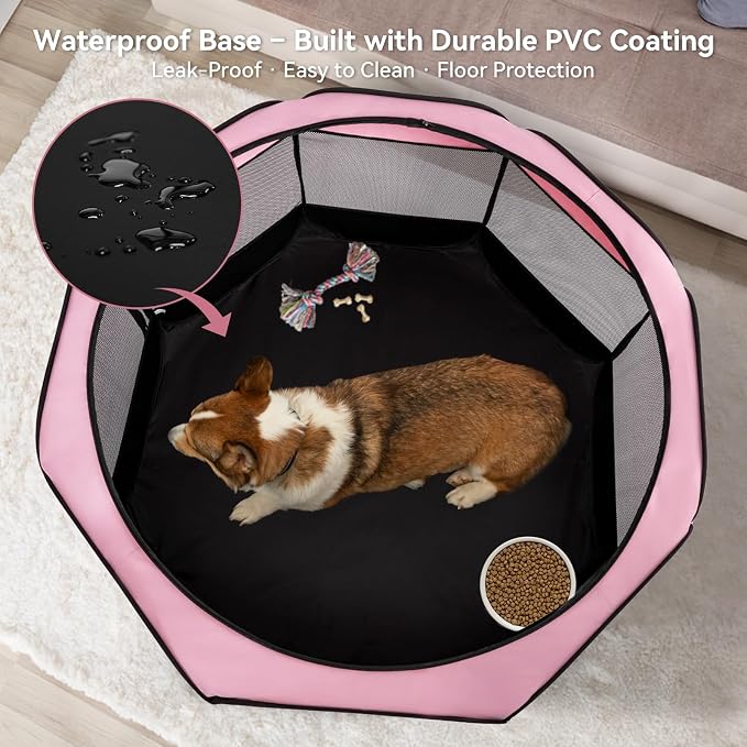 Dog Playpen for Small Dogs & Puppies, 40.55" Portable Indoor Outdoor Puppy Playpen with Bowl, Waterproof Floor, Foldable Pop-Up Pet Pen for Home, Travel & Daily Use, Pink+Grey