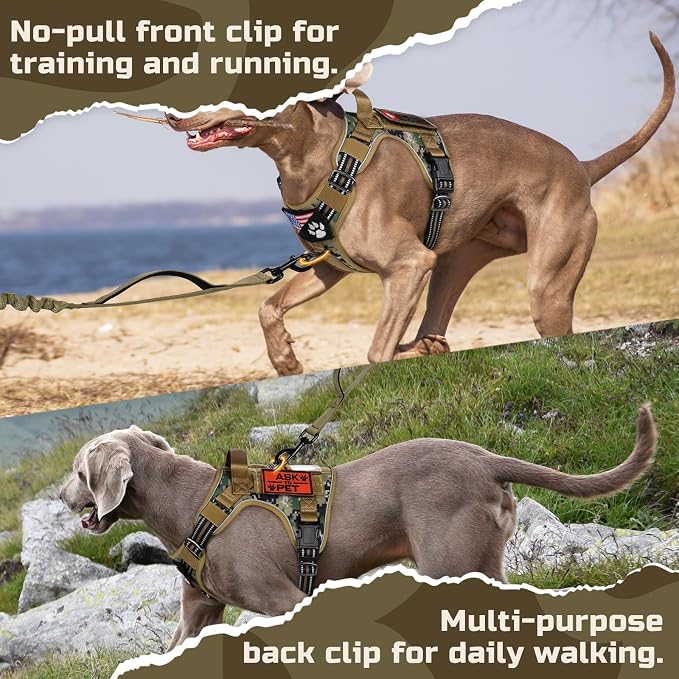 rabbitgoo Tactical Dog Harness for Medium, No Pull Military Service Vest | Molle & Handle, Heavy Duty, Adjustable, Reflective Straps, Easy Control for Training Walking, Brown camo, Medium