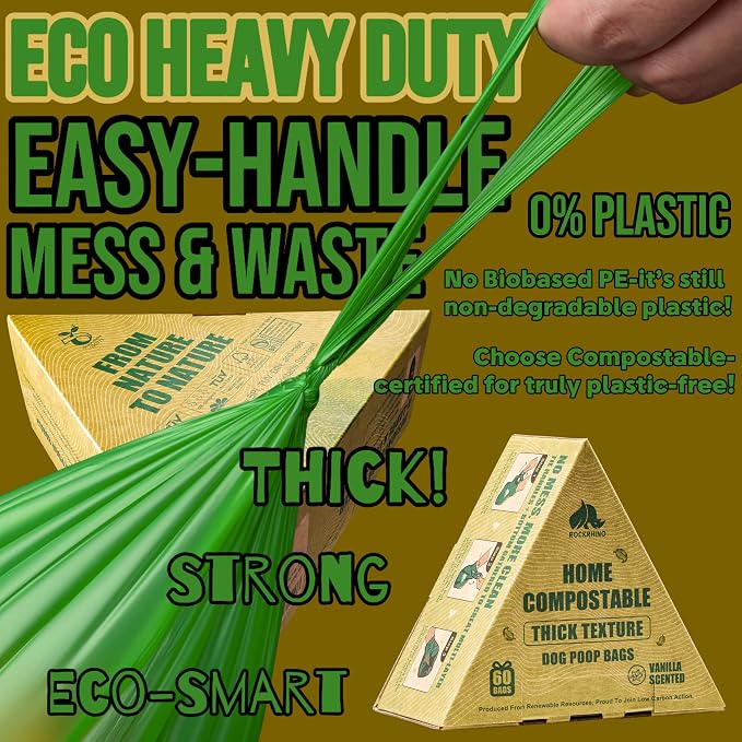 Ultra Thick & Deep RockRhino Dog Poop Bags for Large & XL Breeds | 4-Layer Interlocked Bottom | 100% Home Compostable, 0% Plastic | Vanilla-Scented | 60 Bags, Easy Open Tie Handles, Not for Scooper