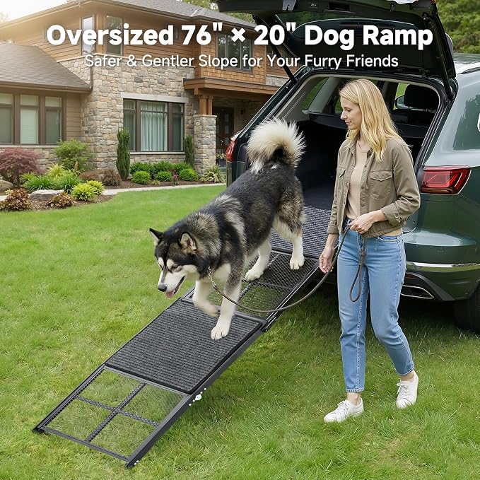 Dog Ramp for Car, 76" x 20" Extra Wide Pet Ramp for Large Dogs, Non-Slip Dog Ramp with 2 Removable Hook & Loop Pads for SUV, Truck & High Vehicles