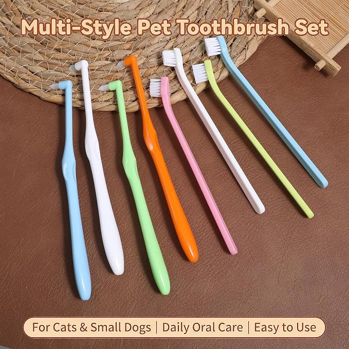 8 Pcs Small Dog Toothbrush Micro Head Cat Puppy Brushing Kit Pets Dental Care Cleaning Toothbrush Mini Portable Deep Soft Clean Teeth Bristles Multi Angle Round Pointed Tooth Brush for Kitten