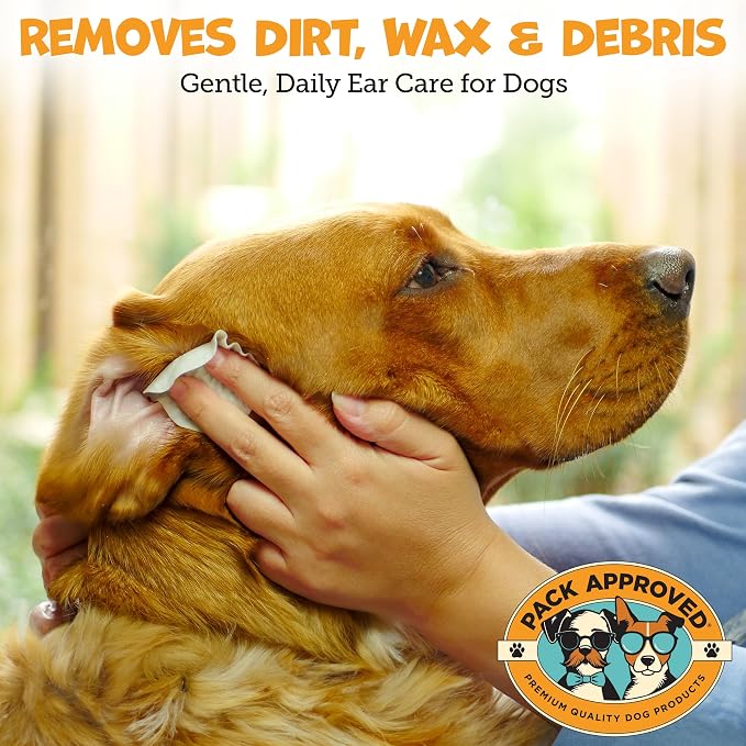 Pack Approved Ear Wipes for Dogs with Aloe Vera & Eucalyptus - Gentle Ear Cleaner for Dogs to Help Remove Wax and Odor - Convenient and Mess-Free Cleaning Pads for Dirty, Itchy Ears - 100 Wipes