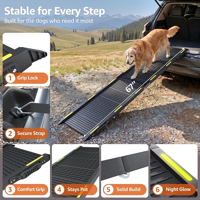 Folding Dog Ramp for Car - 67" Long x 16" Wide Portable Dog Ramps for Large Dogs, Plastic Non Slip Material for Outdoor Truck SUV Rv Camper Side Door, 250 Lbs Heavy Duty