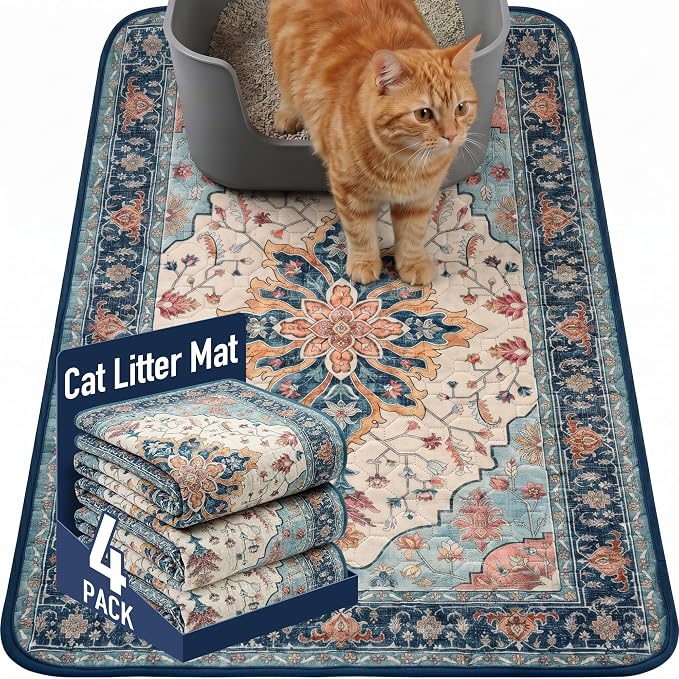Hompet Cat Litter Mat 4 Pack, 18x28 Machine Washable Trapping Mats for Cats, Super Absorbent & Urine-Proof Cat Litter Box Mat for Floor, Waterproof & Non Slip Kitty Litter Rug