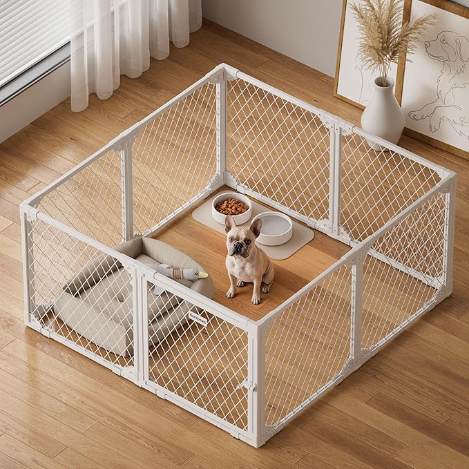 Dog Playpen Indoor - 24" Height 8 Panel Diamond Mesh Chew Resistant Puppy Playpen, Tool-Free Assembly, Dog Exercise Pen Indoors for Puppies and Small Dogs & Pets, Portable White Metal Dog Pen
