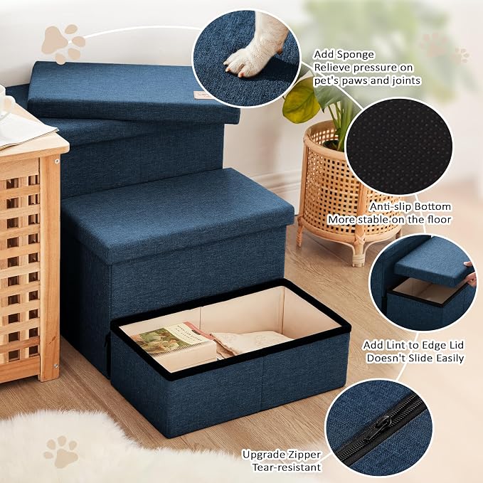 Love's cabin Dog Stairs with Storage, 3 Steps Wider Dog Steps for High Bed 18" H, Foldable Pet Stairs for Small Medium Large Dogs Cats for Bed Couch Car, Ramp with Zip up to 200 lbs, Navy Blue