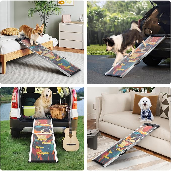 COZIWOW Telescoping Dog Car Ramp for Large Dogs - Heavy-Duty Aluminum Pet Ramp with High-Traction Surface, Anti-Slip Steps for Cars/Trucks/SUVs,Adjustable Sizing,330LB Load Capacity (63.5" L)