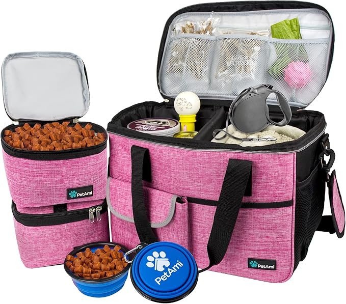 PetAmi Dog Travel Bag Organizer with Food Container & Bowls, Pink, Medium