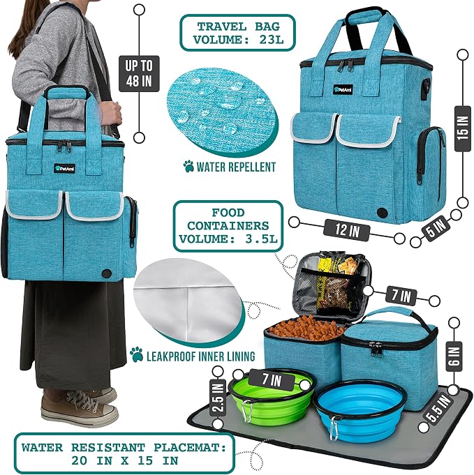 PetAmi Dog Travel Bag Organizer with Food Containers & Bowls, Teal Blue