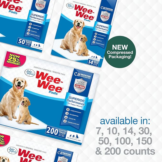 Four Paws Wee-Wee Superior Performance Unscented Pee Pads for Dogs & Puppies, Quilted Leak-Proof Dog Housebreaking Potty Training Floor Protection, 22" x 23", 100 Count
