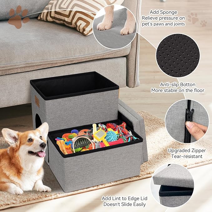 Zerbuger Dog Stairs 15" H, 2-Step Wider Dog Steps for Small/Medium/Large Old Dogs Cats, Folding Sturdy Storage Pet Stairs Climbing Bed Couch, Dog Ramp for Car Hold Up to 150 lbs(Gray, with Condo)