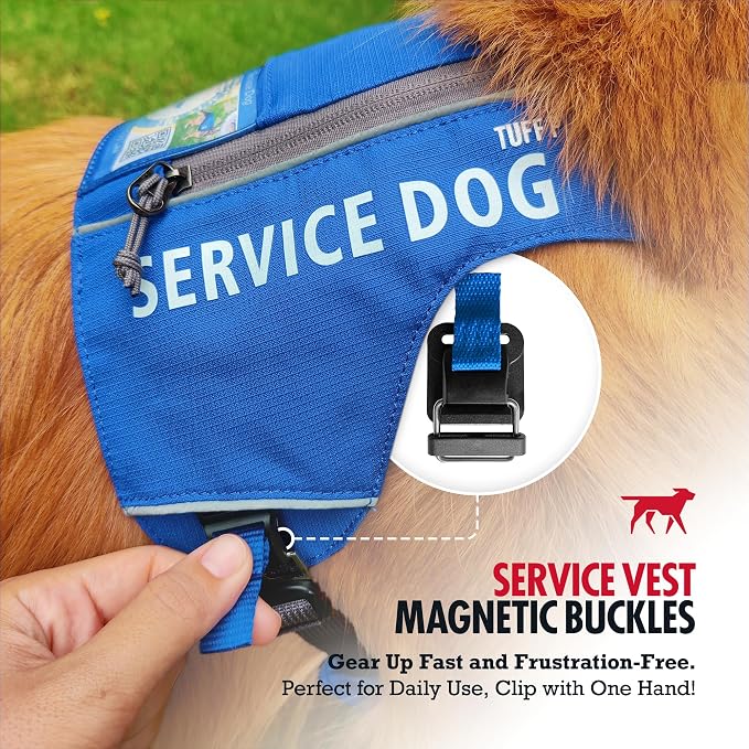 Tuff Pupper Service Dog Vest with ID Pocket | No Leash Attachment | Quick-Release Magnetic Buckles | Reflective Trim | Adjustable Fit | Comfortable & Durable | Designed for Small Dogs (Blue, Medium)