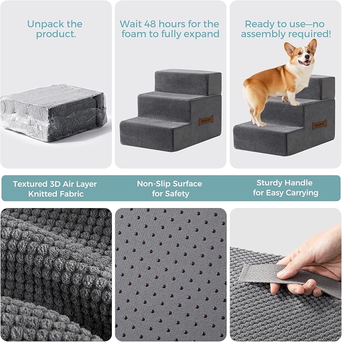 Dog Stairs, Steps and Ramp for High Bed & Sofa, 13-24" H Detachable Pet Stairs for Small Medium Dogs, Sturdy 40D Foam, Non-Slip, Washable Cover with Lint Roller, Grey