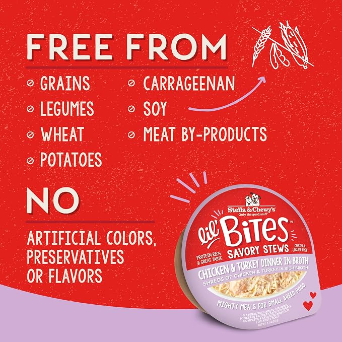 Stella & Chewy's Lil Bites Savory Stews for Small Breeds Chicken & Turkey Dinner in Broth,2.7 oz Cups,(Pack of 24)